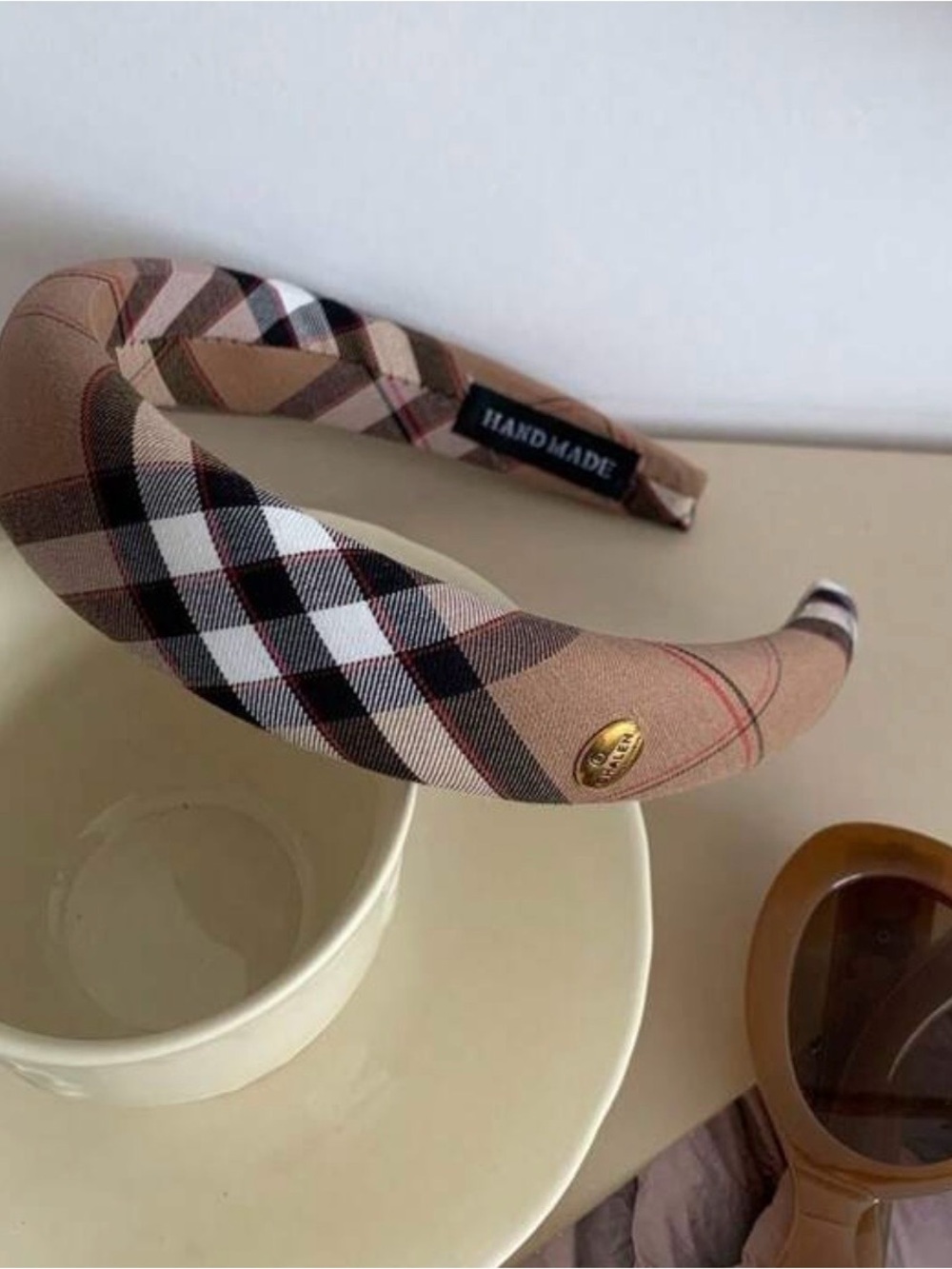 Handmade Beige Plaid Padded Headband
